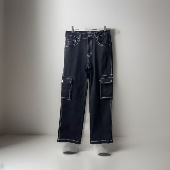 Telepatia  Wide Leg Cargo Jeans Juniors 9/29  Black White Stitch Pockets Hip Hop - Picture 1 of 8